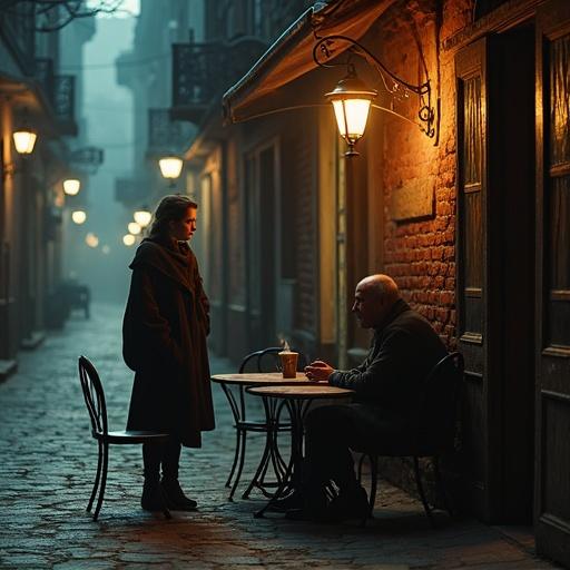 Street with ancient stones and dim street lamps. Old café made of dilapidated bricks with stained glass windows. Young woman and middle-aged man engaged in conversation at a table outside. Cold cup of coffee on the table. Atmosphere is quiet and reflective.