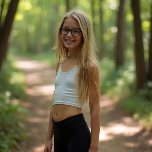 Skinny girl in a forest with long blonde hair wearing glasses and casual clothes. She stands on a dirt path with sunlight filtering through the trees. Her expression is casual and she is holding a phone. Emphasis on natural lighting and real-life imperfections.