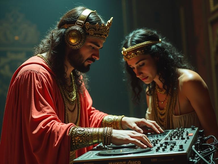 Hyperrealistic representation of historical figures as modern DJs. Scene features Beethoven and Cleopatra with DJ equipment, surrounded by an elaborate, atmospheric setting.