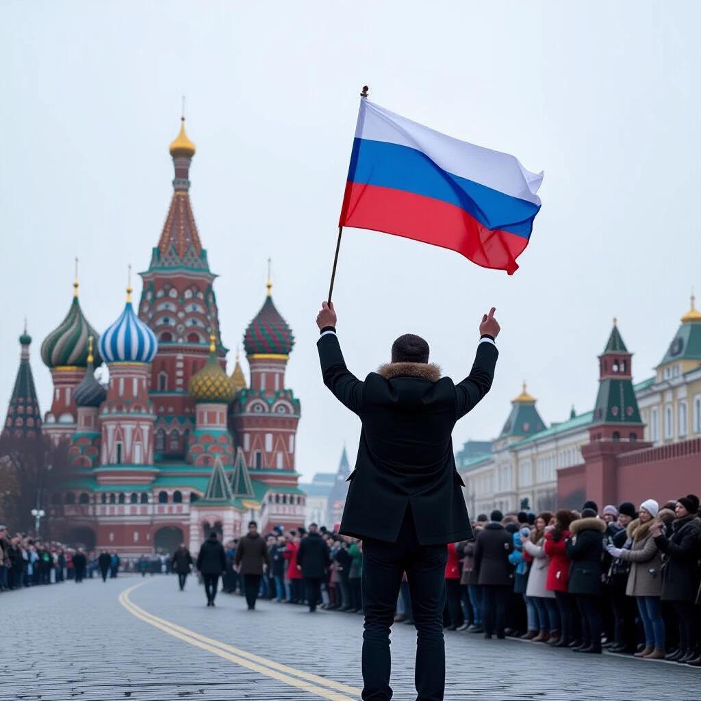 Man standing with Russian flag in front of colorful cathedral. Crowd gathered in the background. Overcast day.
