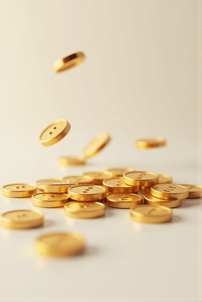 A pile of gold coins scattered on a flat surface with some coins falling from above.