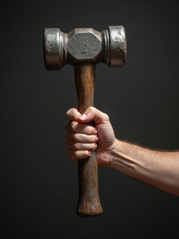 A hand tightly gripping a large metal hammer gavel. Close-up perspective showing details of the hammer and hand.