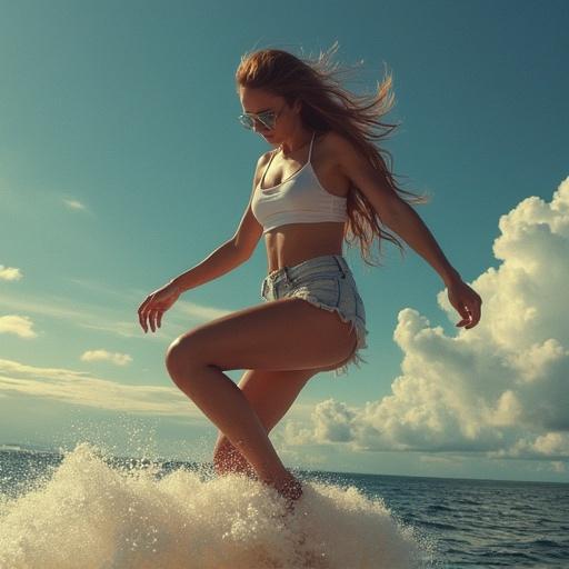 Woman standing in ocean waves wearing a bikini. Smiling and enjoying a sunny day at the beach. Fluffy clouds in background. Natural lighting and warm colors.