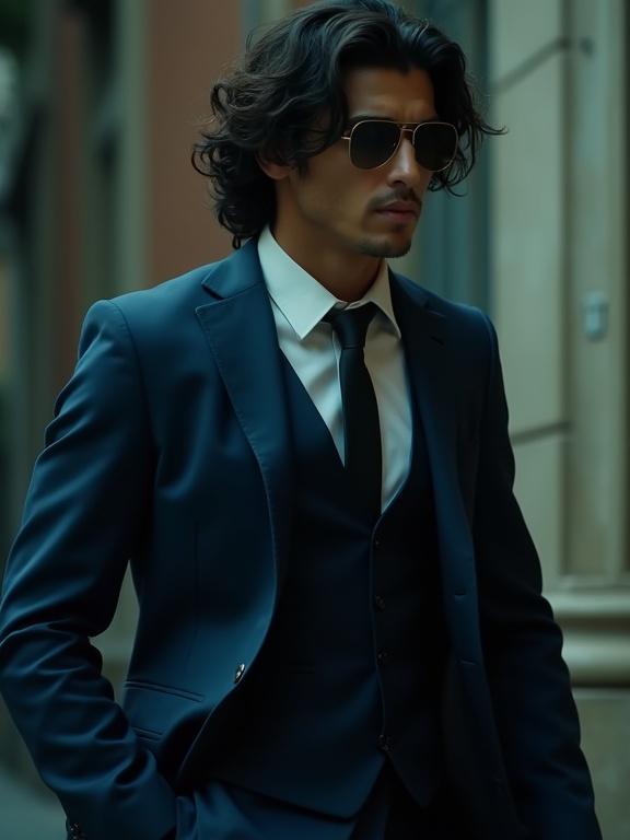 Photorealistic scene showing a handsome twenty something Latin man with thick dark wavy hair. He is wearing a dark blue suit. The setting is gritty with three cartel gunmen nearby creating mystery. Strong contrasts in lighting create a moody atmosphere. The camera angle is low, conveying tension in daylight.