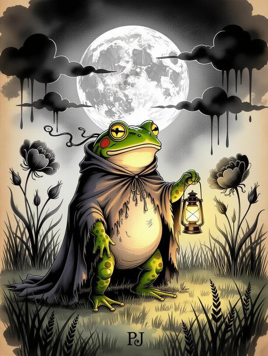 A surreal fairytale ink illustration. An anthropomorphic toad stands in an overgrown meadow. The toad wears a frayed cloak with curling threads. It holds a glowing lantern. Its green skin and yellow eyes are highlighted by the lantern. Tall grasses and abstract flowers surround the toad. The full moon looms in the background, partially obscured by clouds. The scene has a parchment textured background with ink splotches. Lines are scratched and imperfect, enhancing the charm. The mood feels somber yet enchanting.
