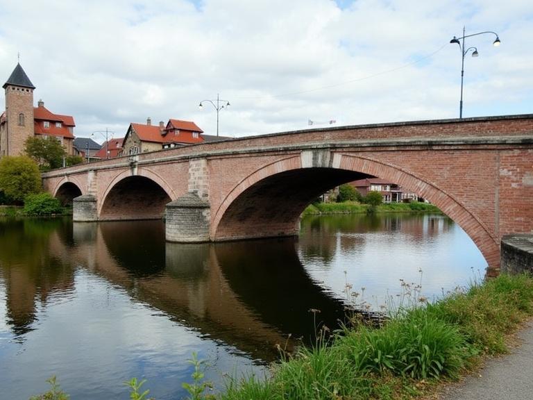 Historic bridge in Erfurt surrounded by buildings and water. Brick structure with arches reflecting in the river. Calm and picturesque scene with overcast sky.