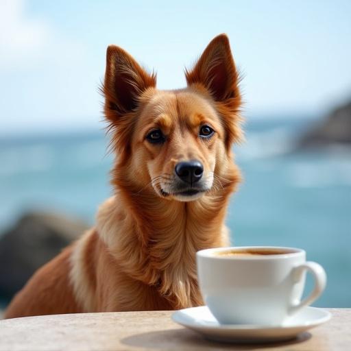 Medium brown furry dog sitting next to a cup of coffee on a table by the sea. Dog has a relaxed expression. Background shows ocean and coastline. Natural light illuminates the scene.