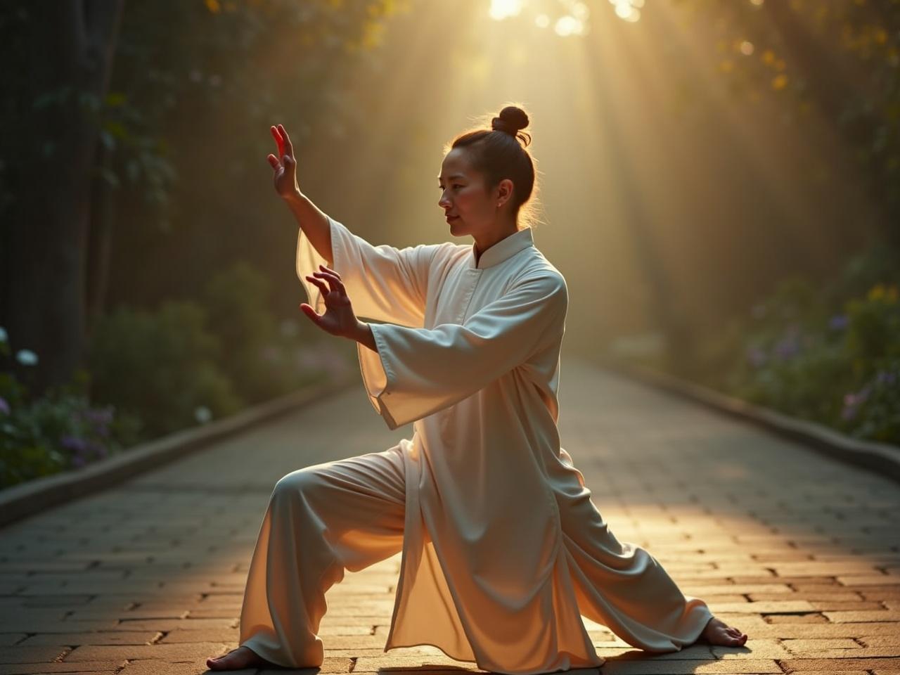 A cinematic image captured from an aerial point of view, showcasing a person engaged in Tai Chi Chuan. The wide frame reveals a serene setting, emphasizing the fluidity and grace of the movements. The practitioner's balance and flexibility are highlighted, illustrating the health benefits gained from regular practice. The scene evokes a sense of tranquility and focus, rendered in realistic detail, as if shot on an advanced camera. The overall atmosphere promotes well-being and mindfulness through the art of Tai Chi.