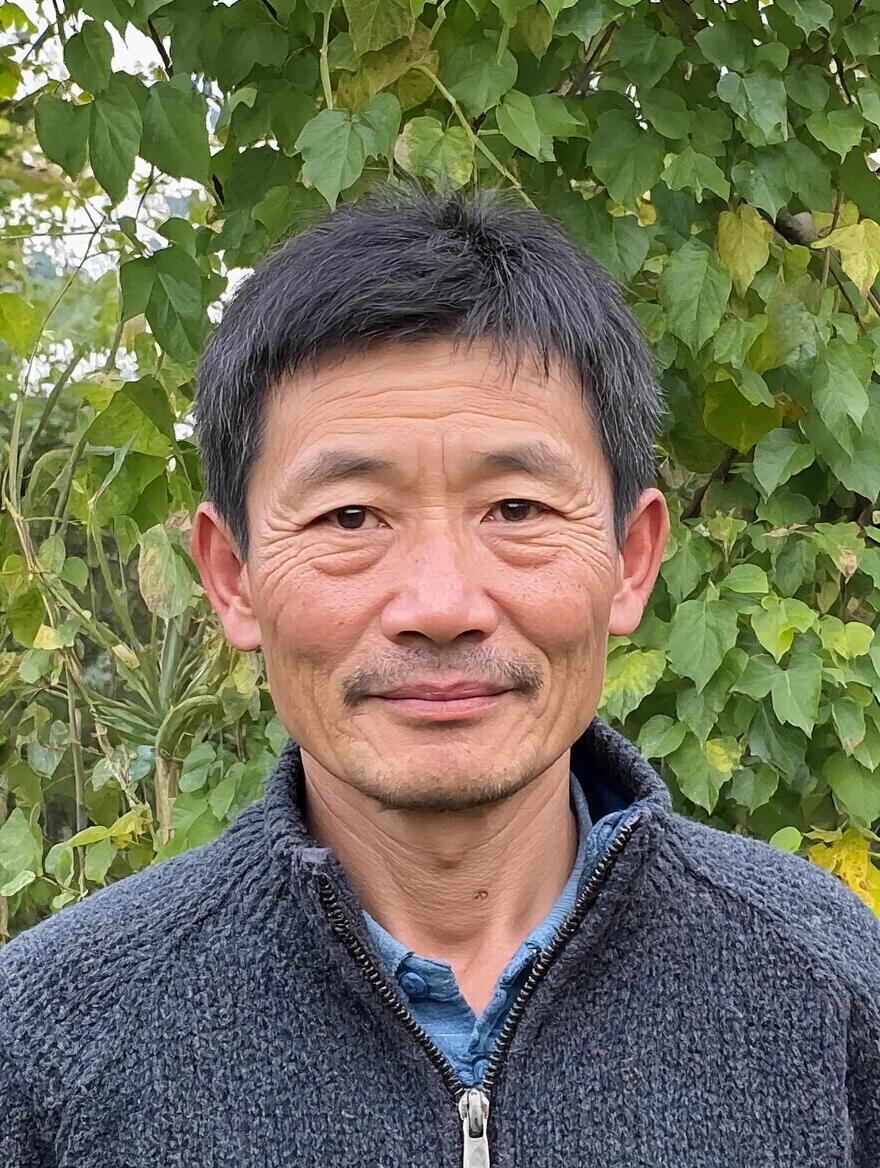 Asian man in his mid-30s. He has short brown straight hair and warm expression. He wears a fluorescent green gardening jacket over a white t-shirt. Background is a vibrant nursery with greenery. He stands centered, hands relaxed at his sides with a slight smile. Shot in natural light to show face details.