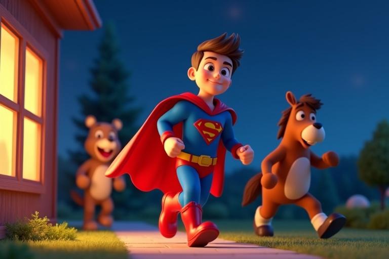 A 3D animated superhero character wears a red cape and blue suit. The character leads a teddy bear and a horse in a nighttime garden scene. The vibrant colors reflect daylight inspiration. The backdrop shows a starry sky and a cozy house.