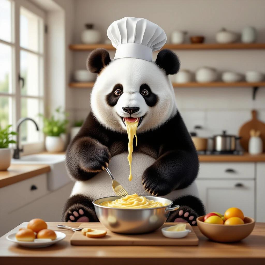Realistic panda in a kitchen wearing a chef's hat. Panda is cooking spaghetti and smiling. Bright and colorful kitchen interior.
