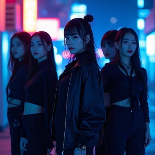 A group of beautiful Japanese women in black and blue outfits in a neon-lit urban night scene. They stand confidently with sharp expressions. The atmosphere is cool and mysterious. The lighting is cinematic and modern. This image is suitable for a vertical iPhone wallpaper. High resolution.