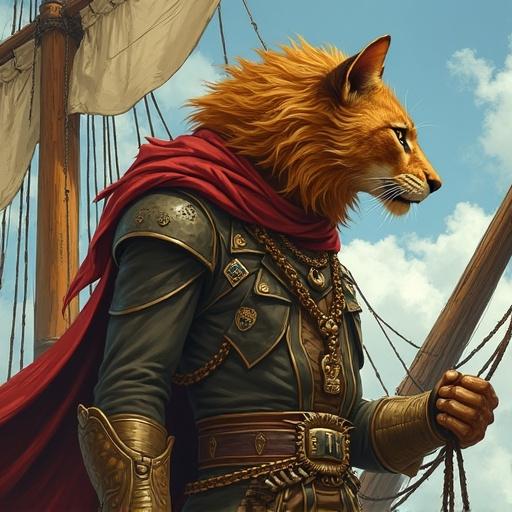 D&D character, Tabaxi with lion head, pirate captain with cloak, ex-gladiator, hanging from ship rigging, in art nouveau style.