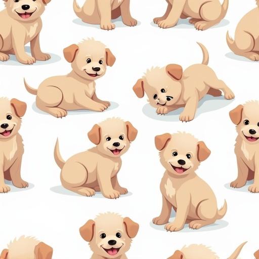 Vector repeatable pattern of hand drawn cute cartoon-style puppies in various poses. Soft tones with white, pastel colors and a transparent background. Ideal for fabric and home decor.