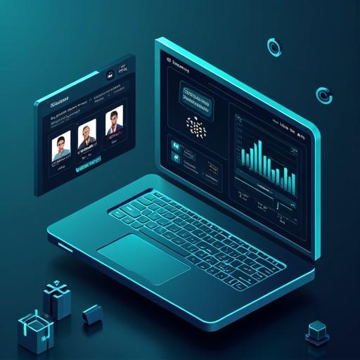 Isometric UI dashboard visualization on dark mode. Displays analytics graphs and candidate profiles. Features match percentage badges with neumorphic shadows. Teal accents and sharp details.