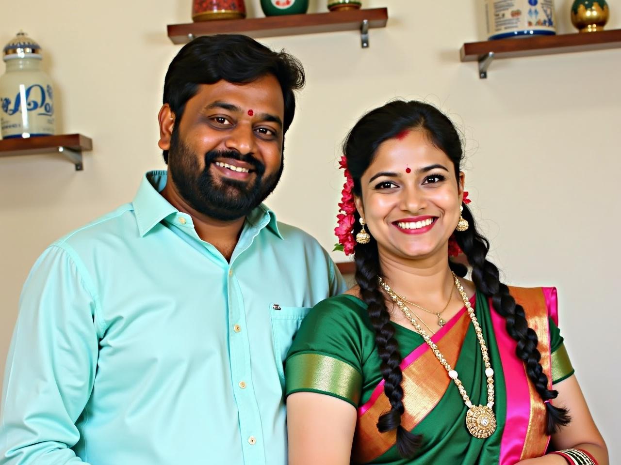 The image shows a man and a woman posing happily together. The man is wearing a light blue shirt and has a beard. The woman is dressed in a traditional saree that is green with pink and gold accents and is adorned with jewelry, including a necklace and bangles. She also has flowers woven into her hair and a red bindi on her forehead. In the background, there are some decorative items and a few shelves with household items. Their expressions reflect joy and celebration.