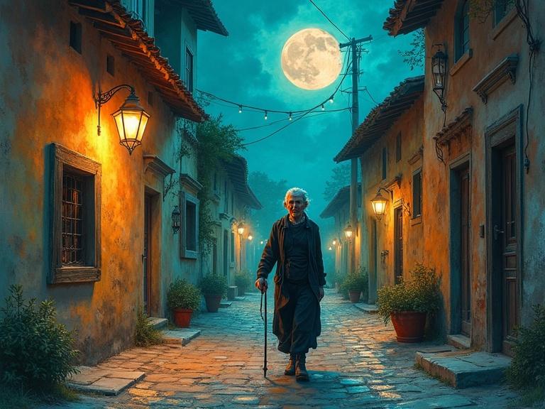 A watercolor painting of a colorful street in a rustic village. An old hunchback lady walks with a stick. Dim lights illuminate the scene. The image has a vibrant, atmospheric style. The composition features a cinematic feel with chiaroscuro lighting effects.