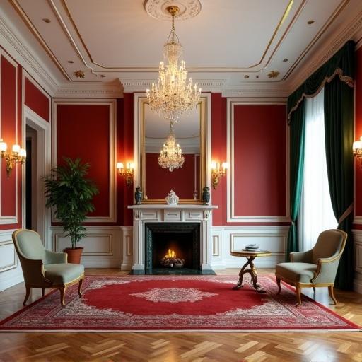Photographic image of an empty living room in an elegant house featuring burgundy walls with white and gold moldings, white ceiling, parquet floor, red Persian carpet, ornate fireplace made of red and green marble, crystal wall lamps, central chandelier, and bottle green curtains.