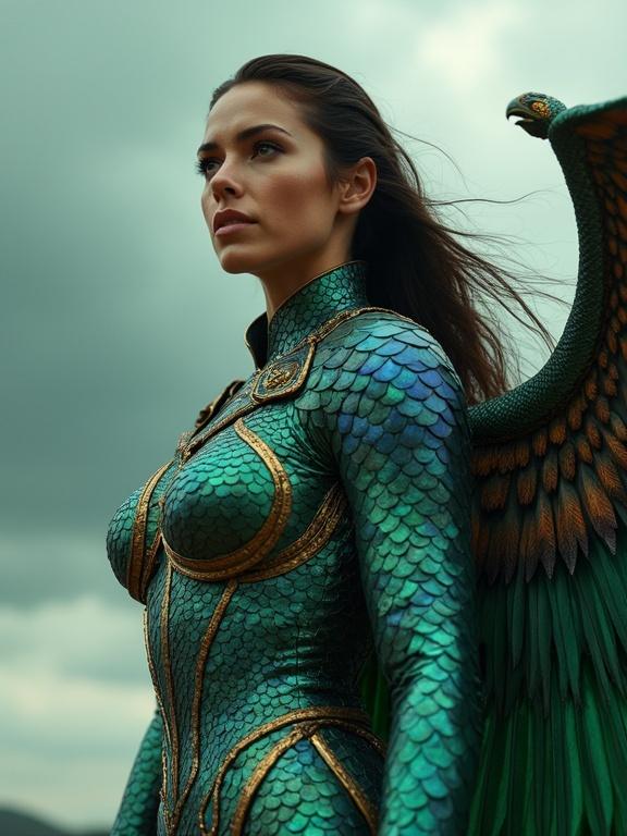 Hyper-realistic cinematic portrait of a mythical warrior queen. Woman stands powerfully against an overcast sky. Calm yet commanding expression. Bodysuit features iridescent dragon-scale textures in emerald, sapphire, and gold. Pauldrons made of glossy feathers transition from green to cobalt and jade. High collar encrusted with metallic elements. Hair slicked back emphasizing cheekbones and natural glow. Soft directional lighting illuminates armor details and casts shadows. Evokes fantasy epics inspired by Boris Vallejo and Frank Frazetta with cinematic direction reminiscent of Zack Snyder or Ridley Scott. Shot with RED Komodo 6K camera using 50mm lens at f/2.8.