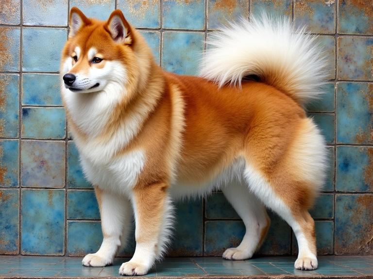 A fluffy Akita dog with a prominent curled tail on an iridescent ceramic tiled background. The dog's tail appears larger, enhancing spitz-like characteristics.
