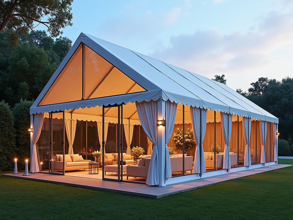 A large elegant tent set up for an outdoor event. The tent features soft drapes and lighting, creating a warm and inviting atmosphere. Surrounding the tent, there are lush green trees and well-maintained grass. Inside, cozy furniture is arranged for guests. The scene is captured during the evening, enhancing the ambiance.