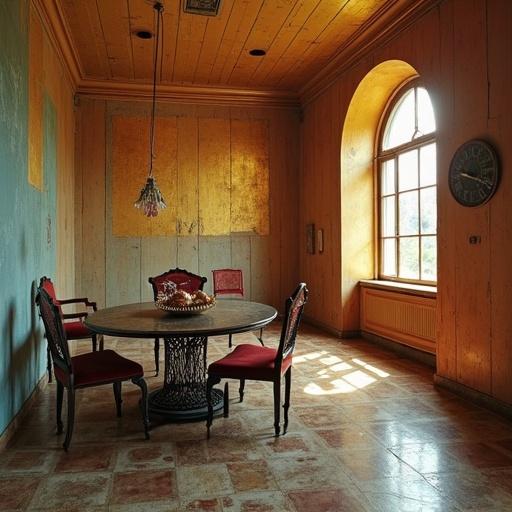 Hiperrealistic photography depicting a room with a round table and chic chairs. Natural light filters through a large window illuminating golden walls and wooden floors. Stylish decor highlights metallic elements and creates an engaging atmosphere.