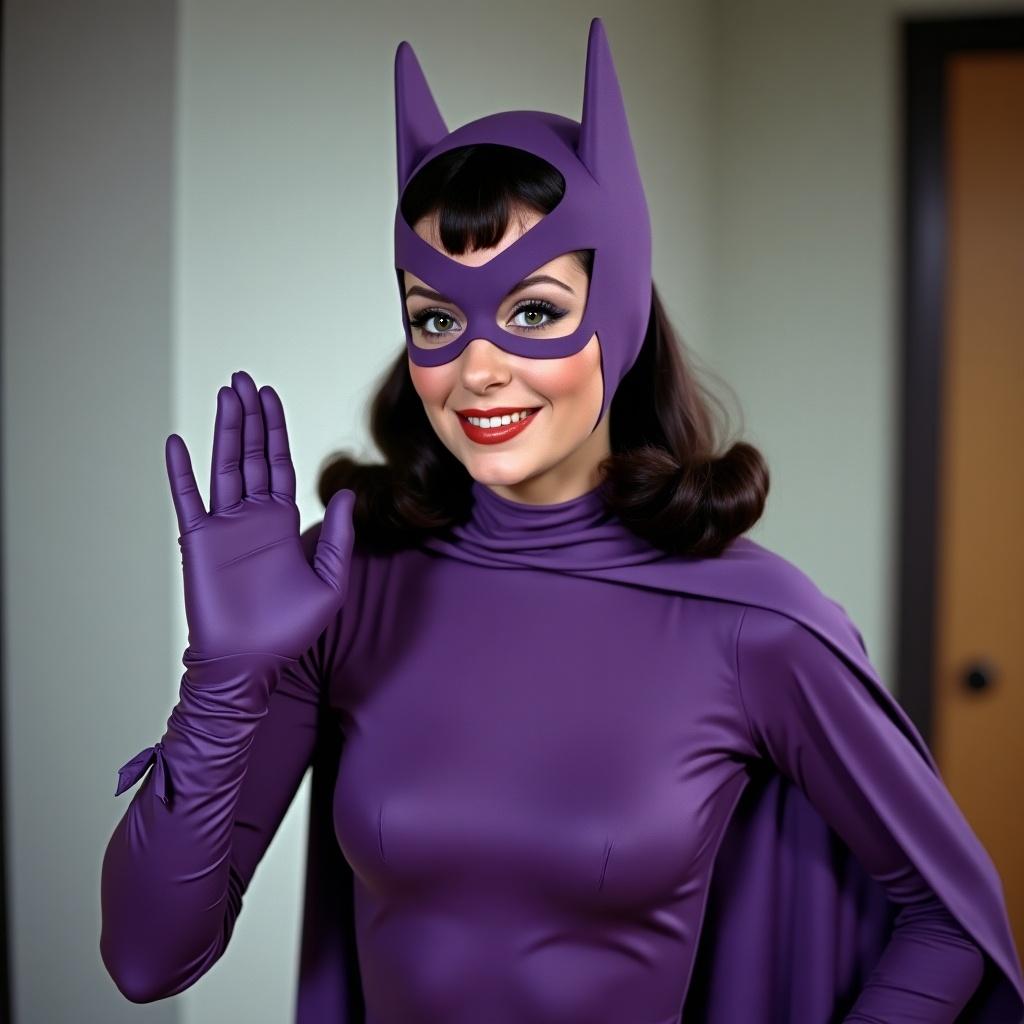 This image features a stunning portrayal of Batgirl, a beloved superhero character from the 1966 television series. The actress, Yvonne Craig, exudes charm and confidence while donning a vibrant purple costume complete with tights, gloves, and a flowing cape. Her playful wave and bright smile invite viewers into her world of adventure. The iconic cowl and mask add a touch of mystery, embodying the essence of a classic comic book hero. Captured in brilliant color, this image perfectly encapsulates the nostalgia for vintage pop culture and the excitement of superhero adventures.