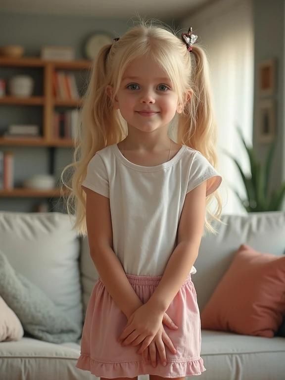Beautiful young girl poses in a bright living room. Girl has long blonde hair styled in twin tails. She wears a simple white top and a pink mini skirt. The living room has a cozy feel with soft furnishings.