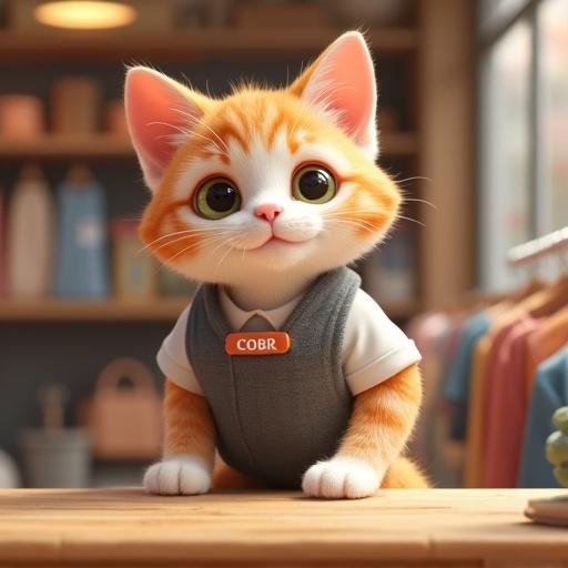Cute kitty standing behind a counter wearing a retail vest and name tag. The counter displays merchandise in a vibrant environment.