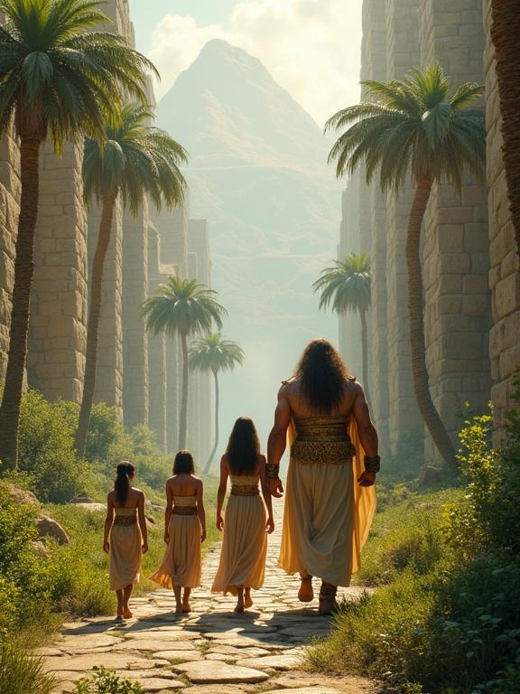 A breathtaking hyper-realistic scene showing enormous muscular giant men and women walking through a lush green valley filled with palm trees rivers and colossal stone cities. The adults are towering figures at least three times the height of modern humans wearing long ancient robes and adorned with golden jewelry. Children stand beside them still taller than modern people. The bright sun shines over their proud faces and intricate architecture with massive carved pillars.