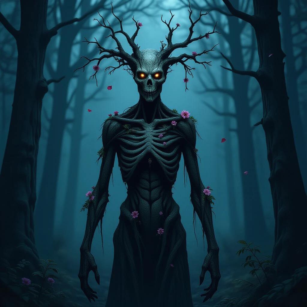A tall humanoid creature stands in a dark forest. Its body is thin and elongated. The skin looks like bark. Twisted branches grow from its back. Wilted flowers and dying petals sprout from its torso. Its head resembles a split skull merged with a tree trunk. The atmosphere feels unsettling with fog and faint moonlight. The image includes film grain and moody shadows.