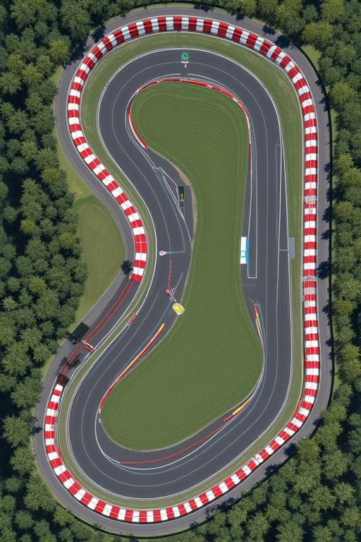 Detailed layout of a racing track showing three main straights and 18 corners with an anti-clockwise direction. Suitable for competitive racing events. Aerial view highlights track features.