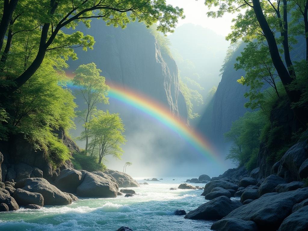 The image depicts a serene natural landscape featuring a flowing river surrounded by lush greenery. Towering cliffs rise in the background, partially obscured by mist. A vibrant rainbow arcs gracefully across the scene, its bright colors contrasting beautifully with the dark rocks below and the white water of the river. Sunlight filters through the trees, creating a tranquil atmosphere. The combination of elements evokes a sense of peace and natural beauty, inviting the viewer to imagine the sounds of flowing water and rustling leaves.