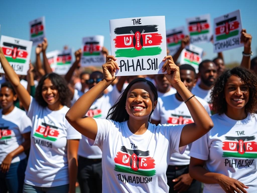 A joyful gathering of people wearing T-shirts with African motifs, holding signs with colorful graphics. Central figure is a smiling woman, with diverse crowd in background holding similar signs.