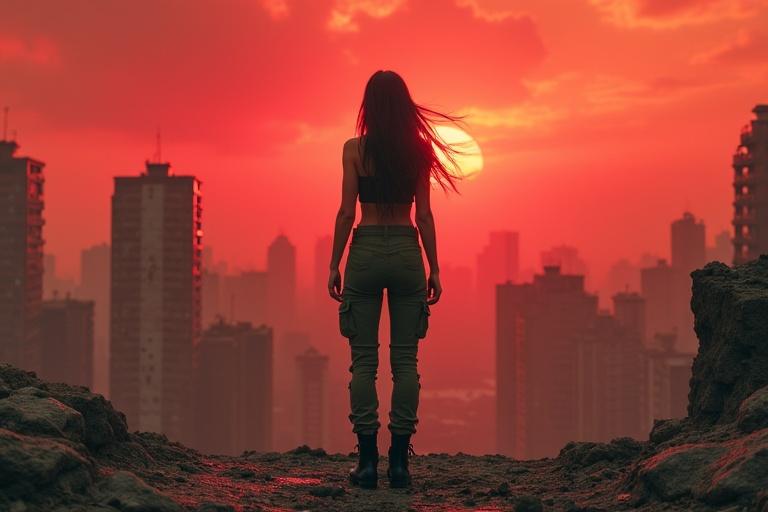 Wide shot captures fighter girl on ruined rooftop. Devastated city sprawls below. Blood-red smoky sky looms above. Olive green tank top fits athletic frame. Fitted cargo pants and black combat boots suggest readiness. Long black hair flows in the wind. Silhouette symbolizes strength in shattered world.