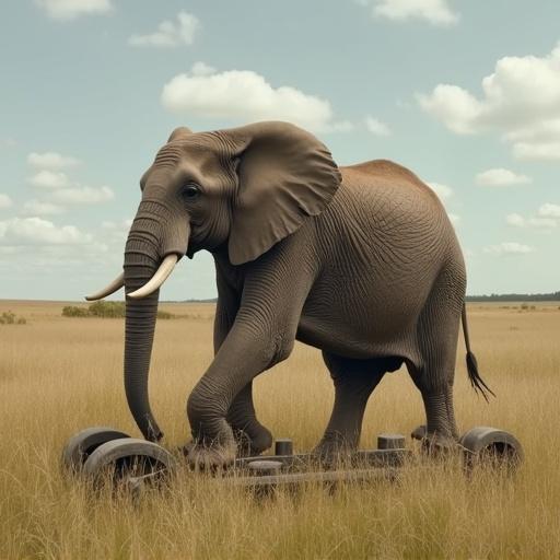 An elephant stands on a wooden seesaw. The elephant is large and robust. The setting is an open grassland with a blue sky. The elephant appears playful and majestic. The seesaw is detailed and blends with the environment.