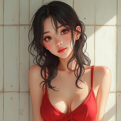 Portrait of a woman with dark hair and warm lighting. She has a soft expression and is wearing a red top. The background has a rustic wall with light colors.