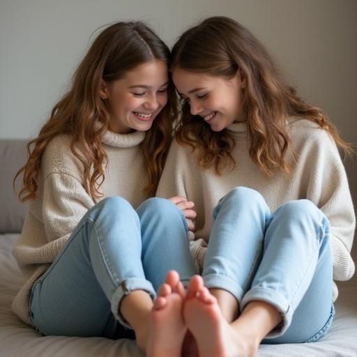Two girls smile while sitting closely together. Each girl inspects the other's feet. They wear light jeans. The atmosphere is cozy and inviting.