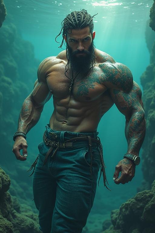 Muscular man underwater with fish tail. Strong physique and tattoos visible. Ethereal light illuminates body. Dramatic underwater setting.