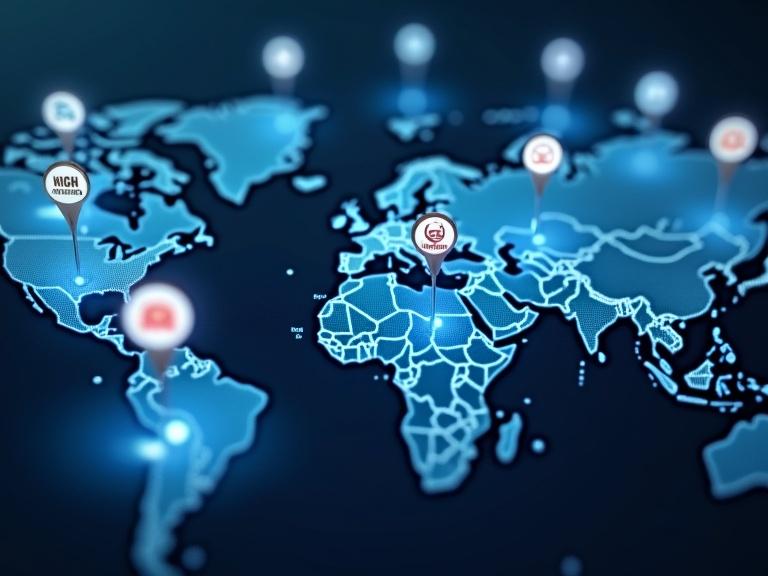 World map features glowing pins at various countries. Each pin connects to a CPA offer card with icons for high conversion and geo-targeted. Image has a tech-blue palette.