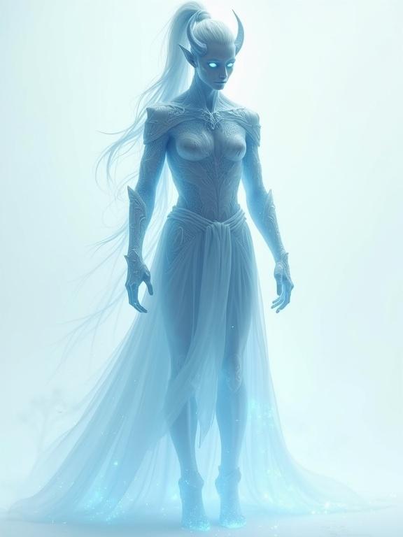 Full-body view of a male tiefling ghost. Body is spectral and semi-transparent with glossy crystal texture. Glow is faint blue like frosted ice. Hair is glowing translucent tied in a high ponytail. Eyes are soft glowing. Legs disappear into mist. Wearing semi-transparent leather armor dissolving into fog. Ethereal form blends into background with fog. Ghostly and intangible appearance. Floating glowing particles enhance the cinematic lighting. Overall style is cold and dreamlike with vapor-like silhouette and haunted look.