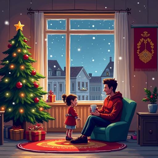 Cozy pixel art illustration. Warm house interior. Dad drinks coffee. Cute daughter beside him. Large Christmas tree with lights. Snow falls outside window. European-style houses visible. Football jersey hangs on wall. Horde flag banner displayed. Cozy and heartwarming atmosphere.