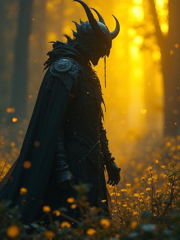 Masterpiece of dark fantasy art featuring a hooded warrior in a forest. Captured in 8k resolution. Dynamic lighting with yellow and black colors. Style inspired by Alphonse Mucha and Jordan Grimmer. Volumetric lighting enhances the creature's silhouette.