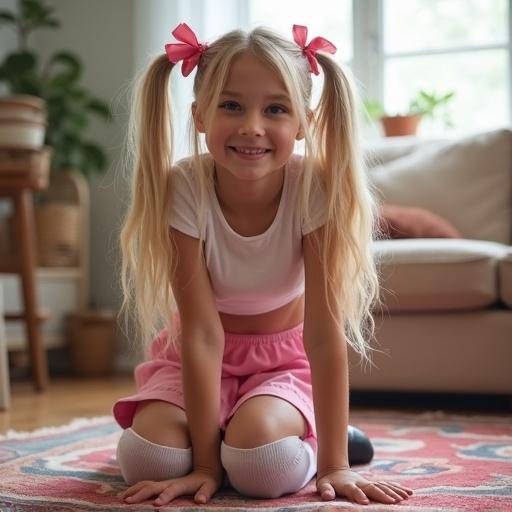 A girl with long blonde hair in twin tails kneels on a colorful rug in a softly lit living room. She wears a crop top and a pink skirt with thigh-high socks and black shoes. The setting is inviting and cheerful.