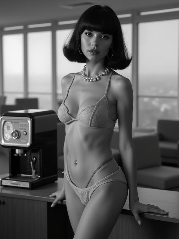 Black and white image of a female 1960s office worker in a break room. She stands by a vintage coffee maker. Features shiny dark hair, tiny bikini, evocative makeup, pearl necklace, and hoop earrings. Lighting highlights her face.