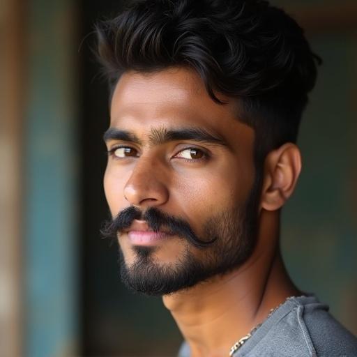 Image depicting a young man with a moustache and light skin. The man has little stubble and is around 25 years old. Focus on his facial features.