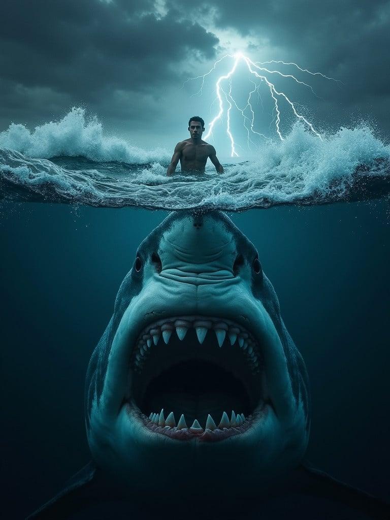 A dramatic scene shows a man in stormy waters. A great white shark is threatening underneath him as waves crash. Lightning illuminates the dark sky. The focus is on the shark's fierce expression and the turbulent sea.