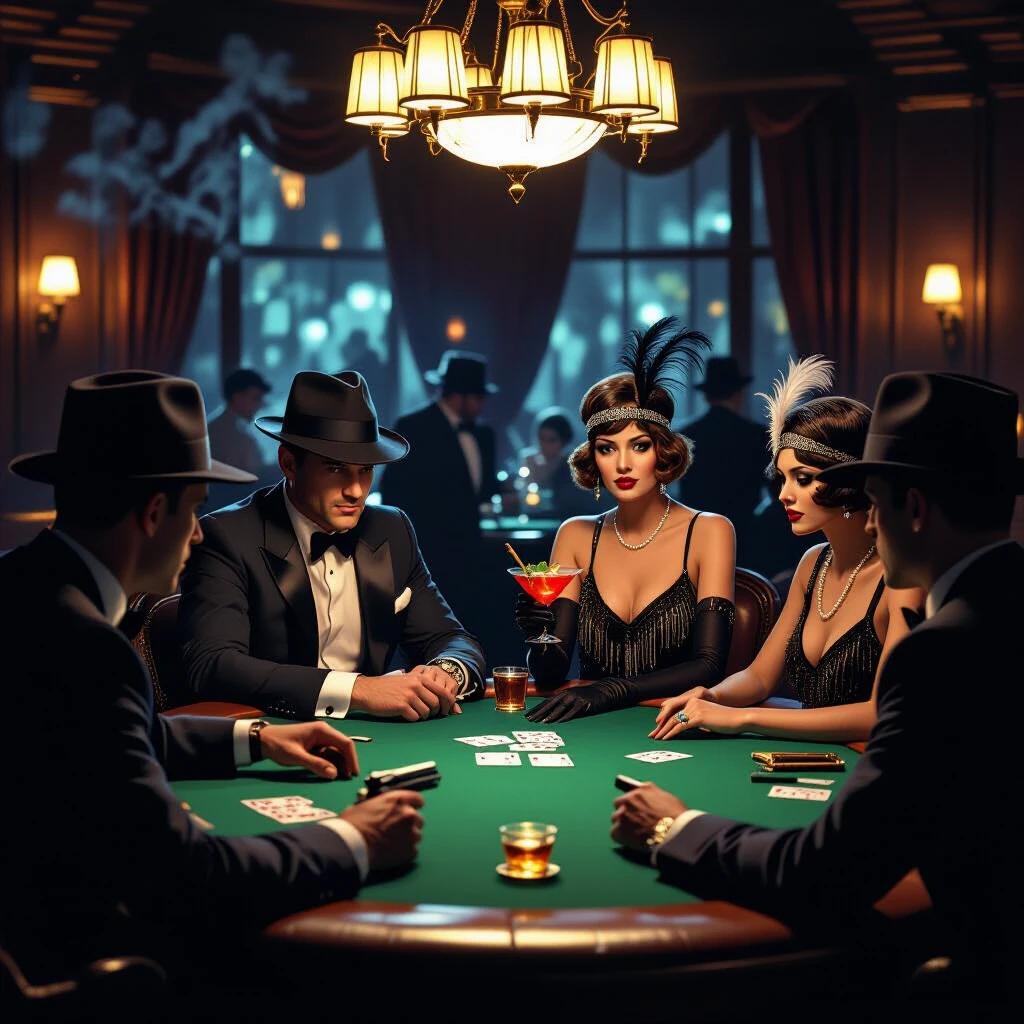A tense standoff between rival gangsters at a poker table. Lit cigars on the table. Guns barely visible under the table. A flapper hostess stands frozen with a cocktail tray. The scene is illuminated by noir-style art deco lighting. It embodies a realistic atmosphere.