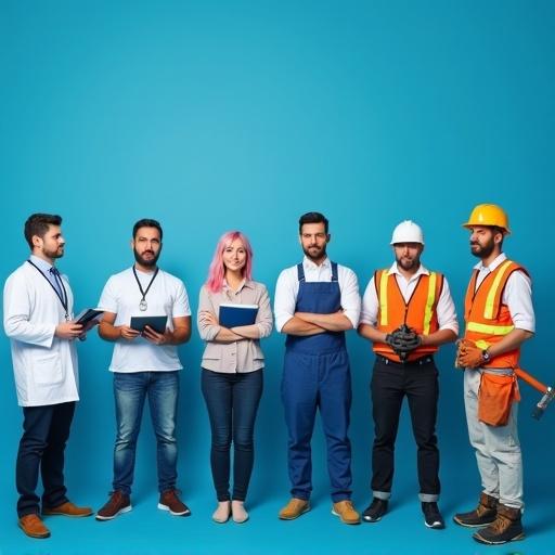 A hiperrealistic photograph against a blue background featuring six professionals. From left to right: a doctor, a male journalist with a microphone and tablet, a businesswoman with pink hair holding a notebook, a female chef in uniform, and a construction worker with a hard hat. They are evenly spaced and facing forward with bright lighting.