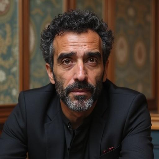 Portrait of a man with dark hair and beard. He wears a dark shirt. The background features intricate patterns. Natural light enhances the serious tone. The man looks directly at the camera with a focused expression.